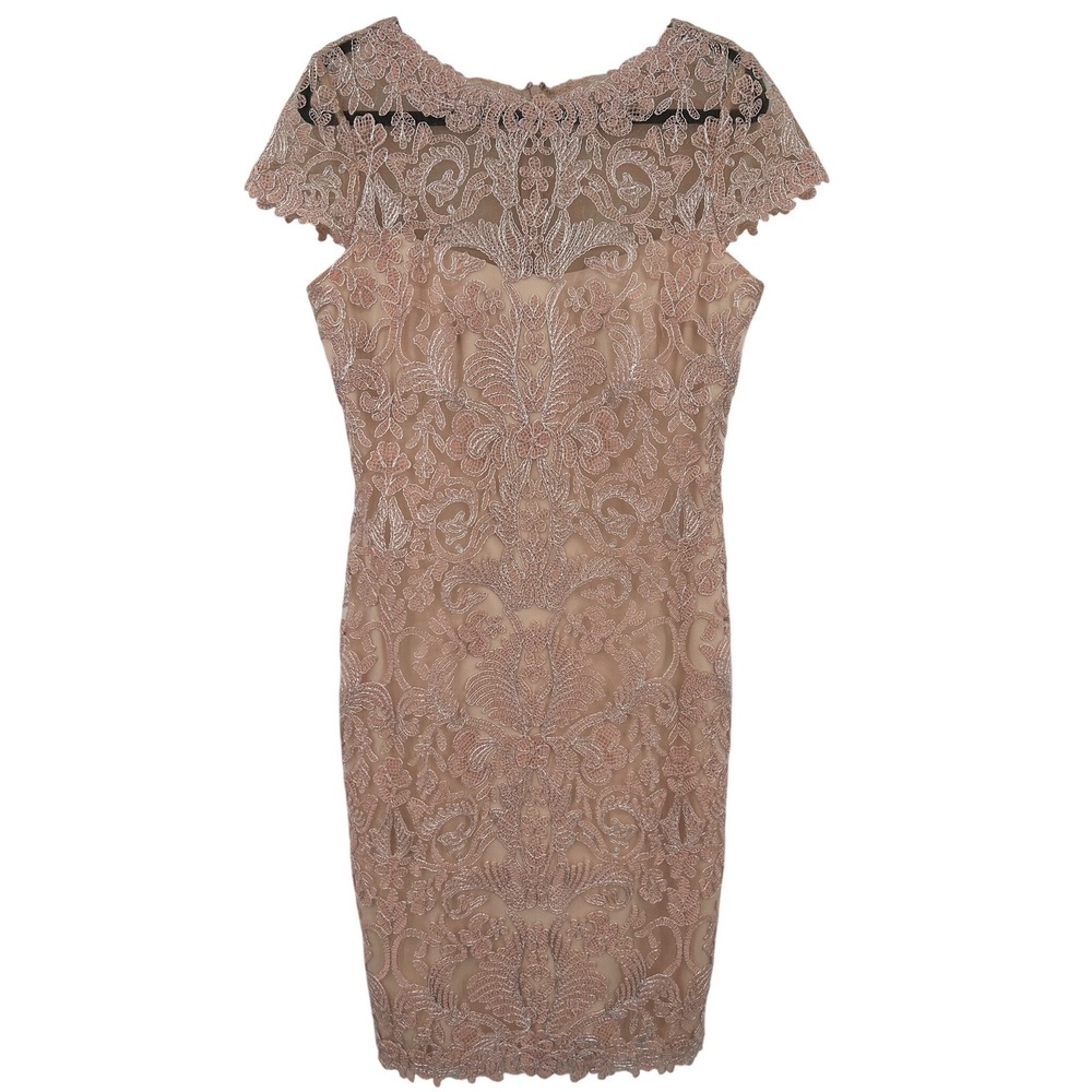 Tadashi Shoji Pink Lace Illusion Neck Sheath Dress Rose Gold Size 10 Cocktail